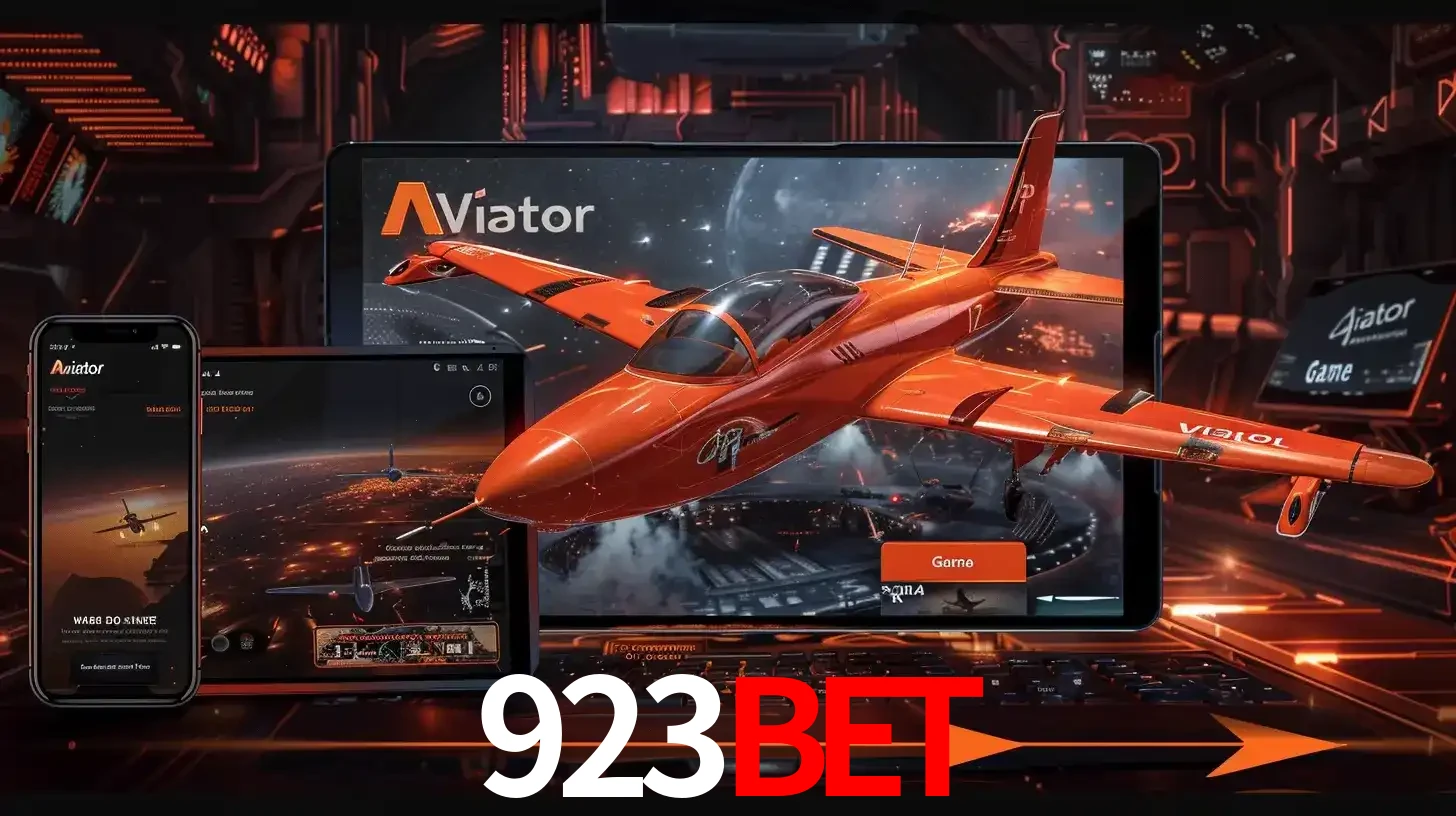 Apresentação tecnológica do jogo Aviator com um avião saindo da tela de um tablet, demonstrando a experiência imersiva em múltiplos dispositivos no 923bet.