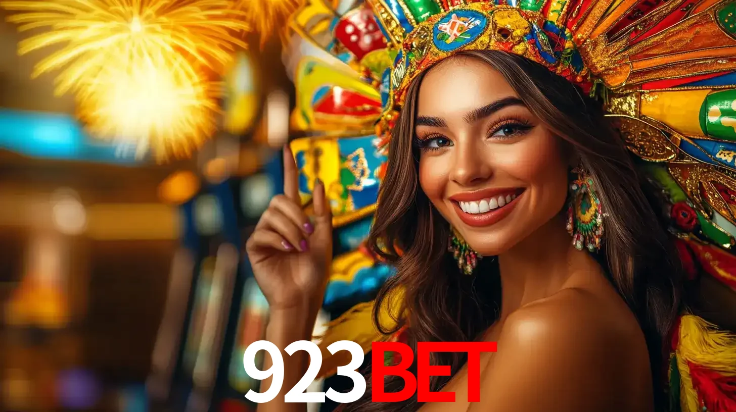 Mulher sorridente com um cocar de carnaval vibrante e colorido, celebrando uma grande vitória nos jogos do cassino 923bet com fogos de artifício ao fundo.