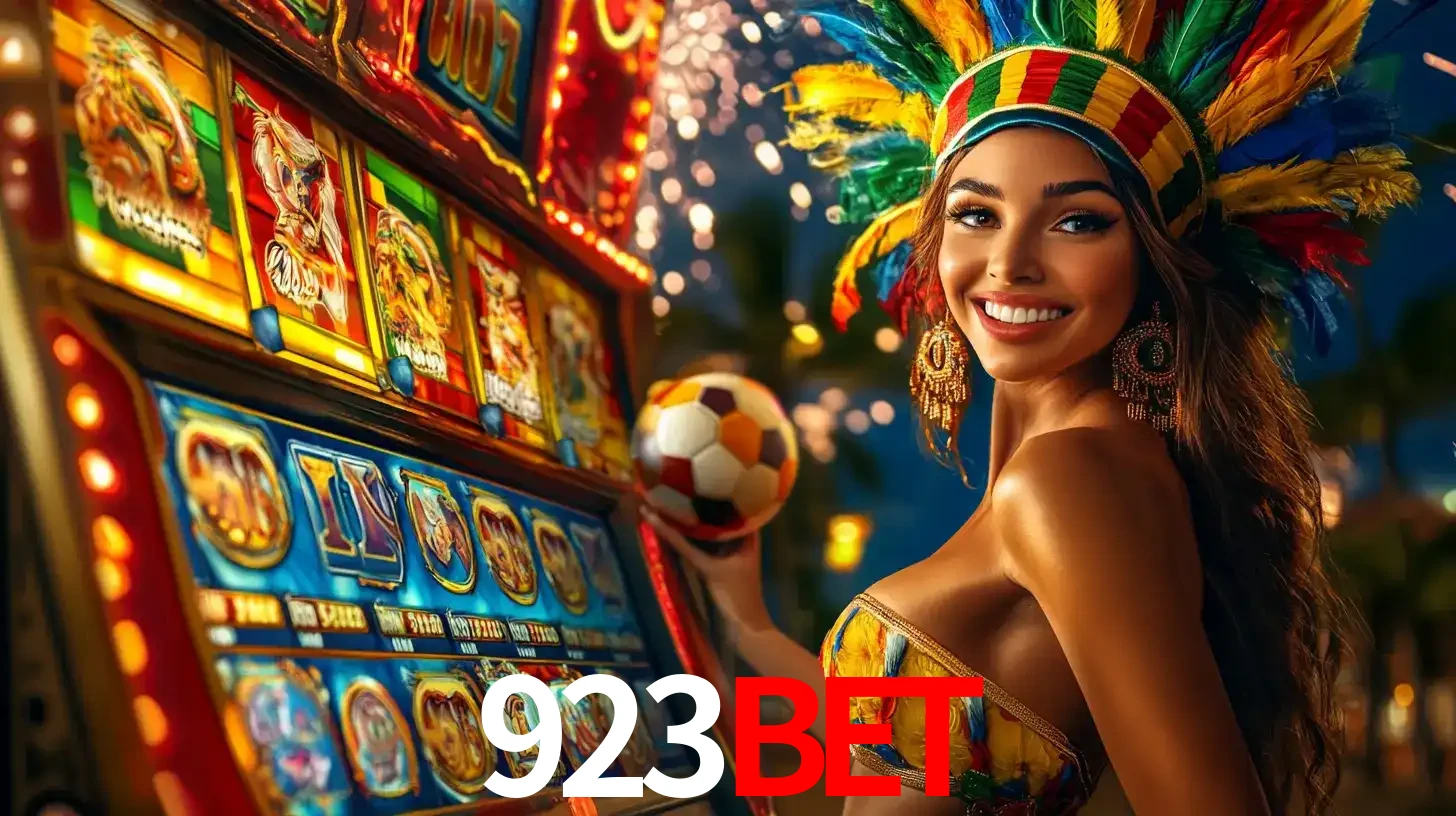 Mulher com um cocar de carnaval ao lado de uma máquina de caça-níqueis enquanto segura uma bola de futebol, mostrando a união da diversão de cassino e esportes no 923bet.