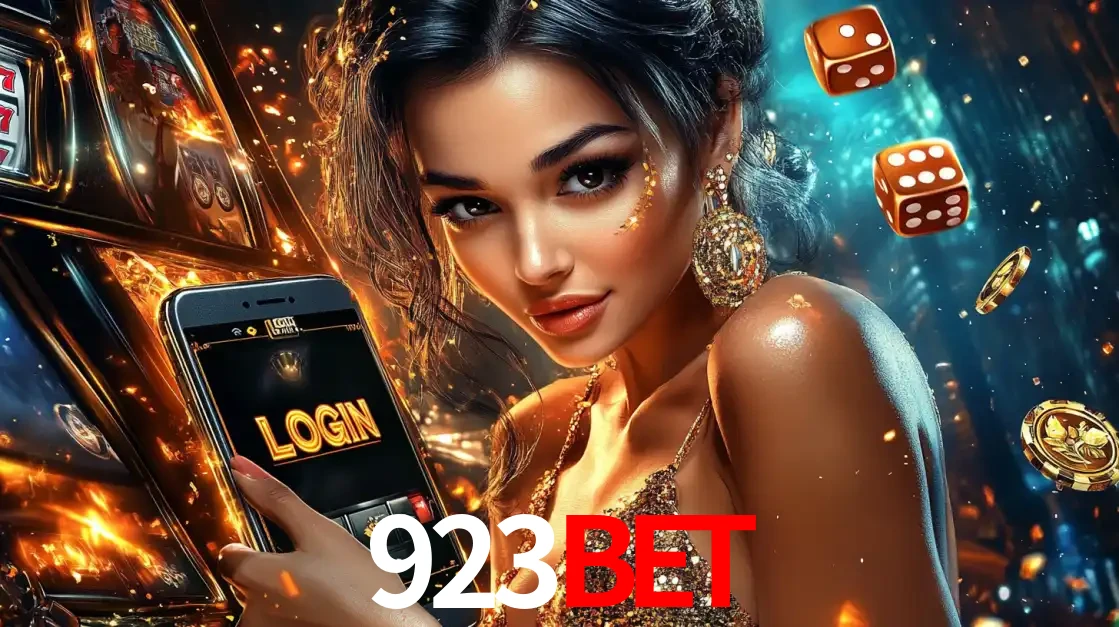 Mulher glamourosa segurando um celular com a tela de login do cassino 923bet, rodeada por dados e moedas douradas, pronta para começar a diversão.