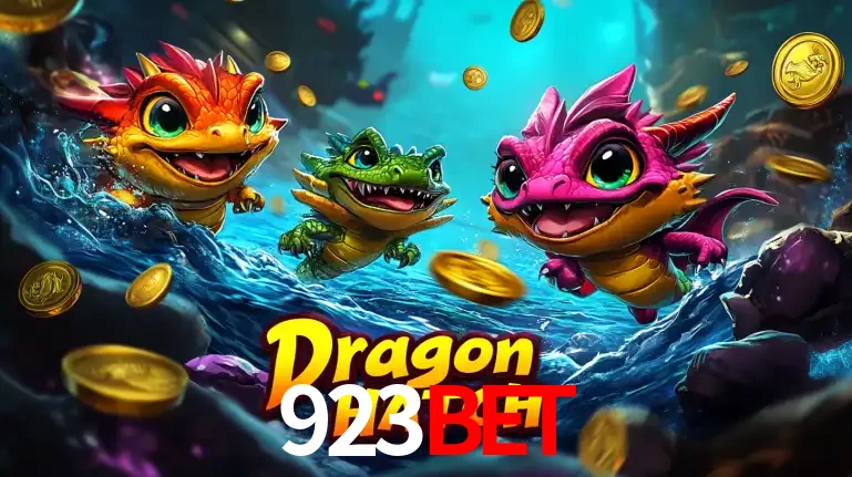 Arte promocional do jogo Dragon Hatch com três adoráveis dragões bebês nadando entre moedas de ouro, um dos slots mais divertidos para jogar no cassino 923bet.