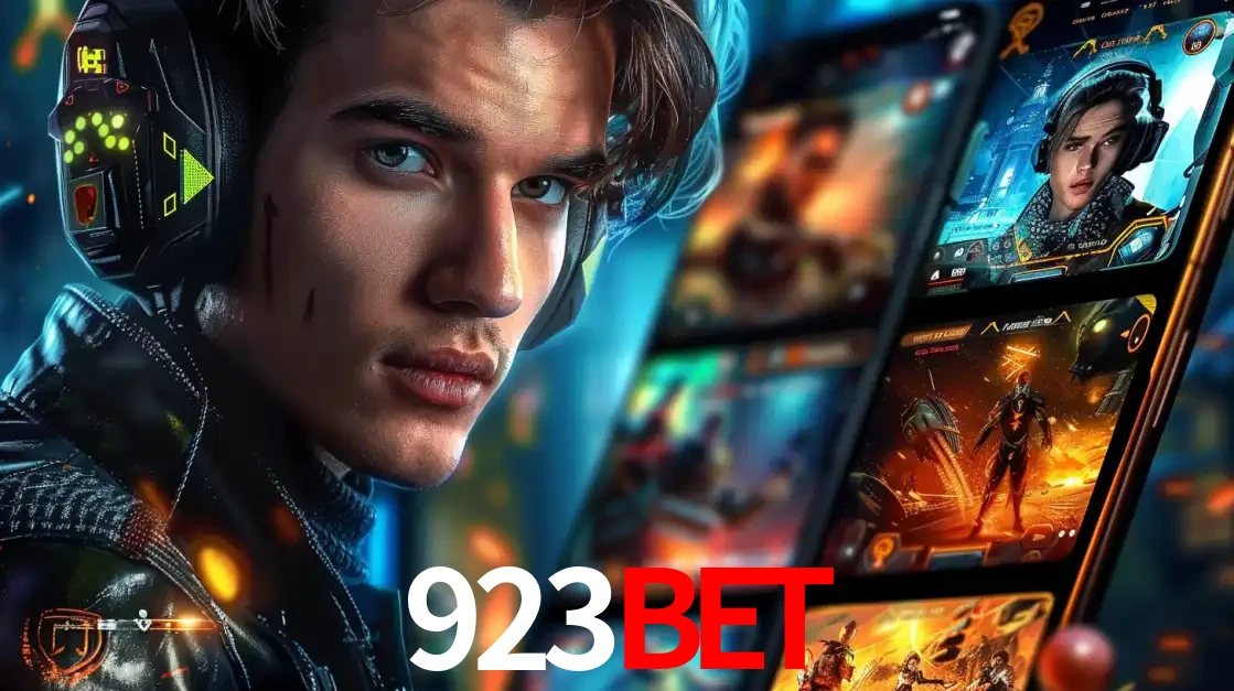 Jovem jogador com fones de ouvido olhando para a câmera, com um aplicativo de jogos e e-sports para celular ao fundo, pronto para a competição e apostas no 923bet.