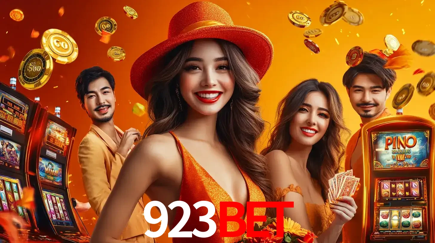 Grupo de amigos asiáticos sorrindo e se divertindo com máquinas de caça-níqueis em um ambiente festivo, celebrando suas vitórias nos jogos de cassino do 923bet.