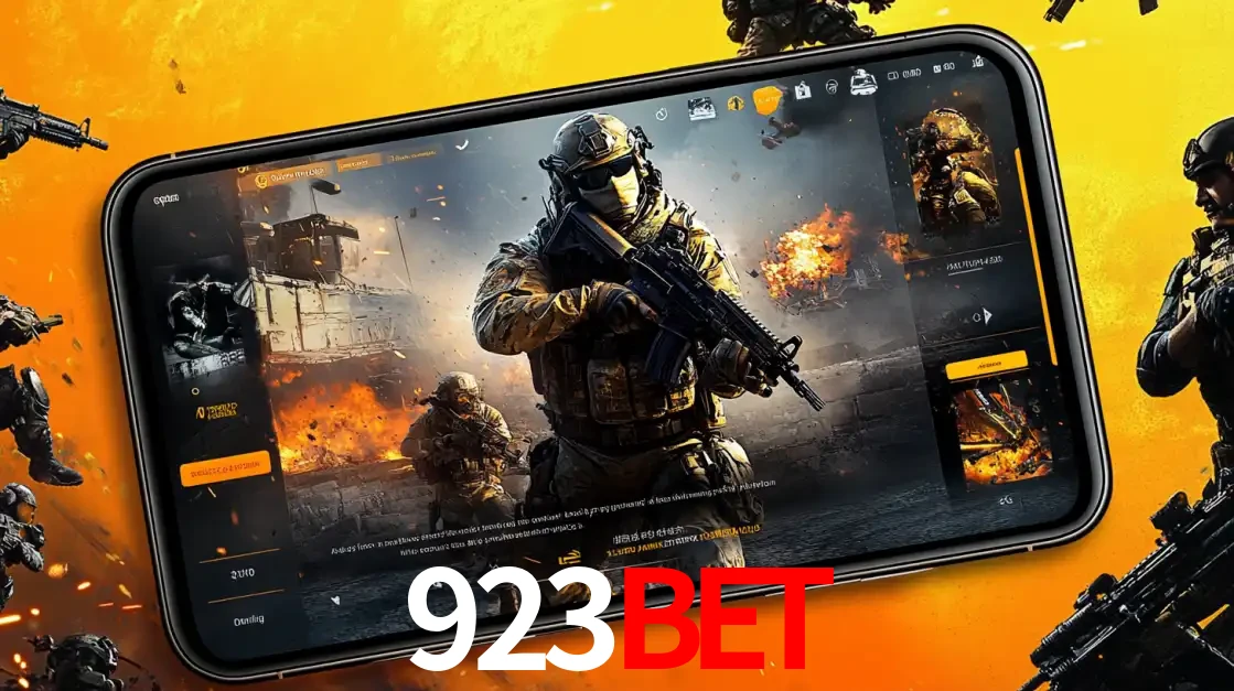 Um smartphone exibindo a interface de um jogo de tiro em primeira pessoa, com um soldado em um cenário de batalha, representando a ação dos e-sports para apostar no 923bet.