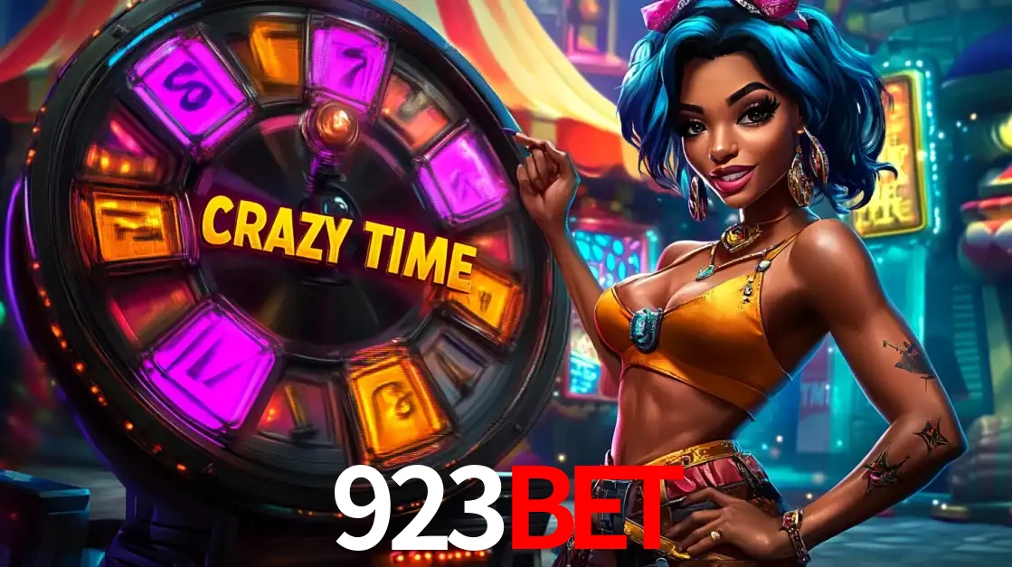 Mulher estilizada com cabelo azul e visual vibrante posando ao lado da roda de prêmios do game show Crazy Time, convidando para a diversão e os bônus do cassino 923bet.
