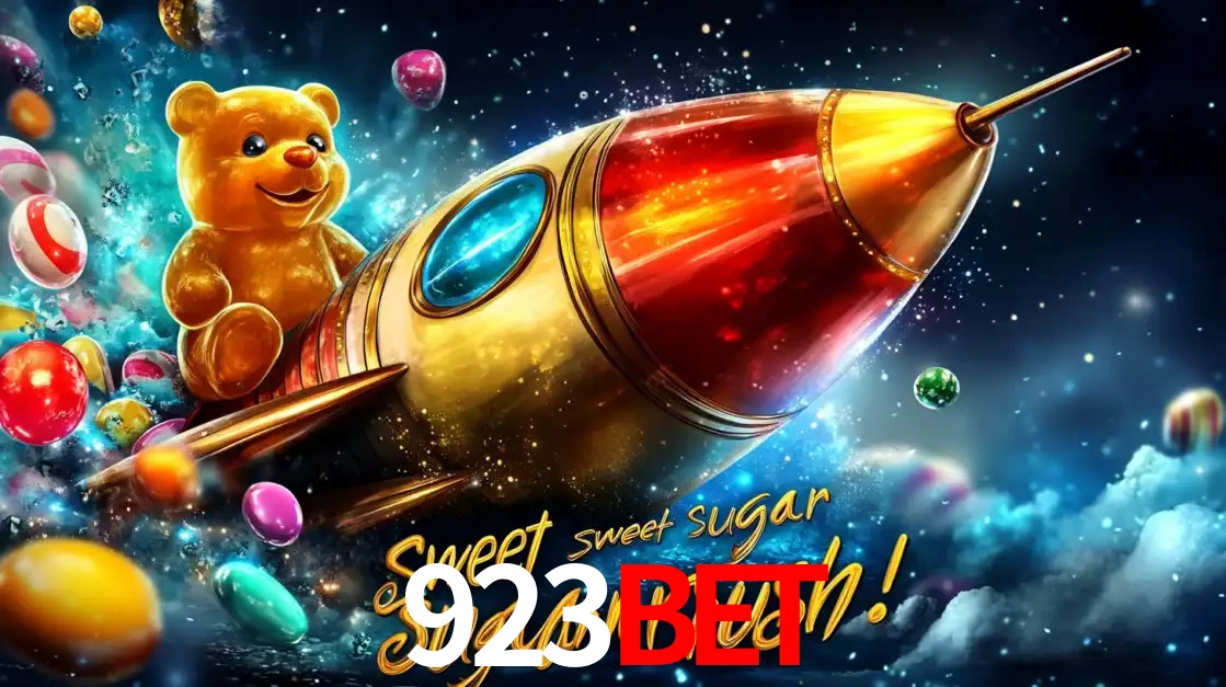Arte promocional do jogo de slot Sugar Rush, com um urso de pelúcia em um foguete viajando pelo espaço de doces, um dos jogos divertidos disponíveis no cassino 923bet.