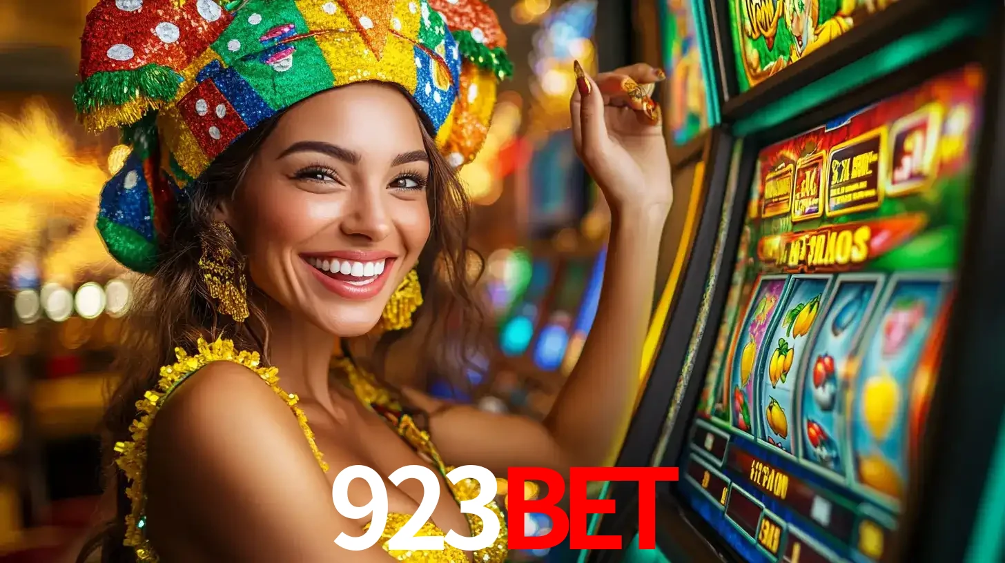 Mulher feliz com traje de carnaval amarelo e colorido ao lado de uma máquina de caça-níqueis, aproveitando a diversão e os jogos temáticos do cassino 923bet.